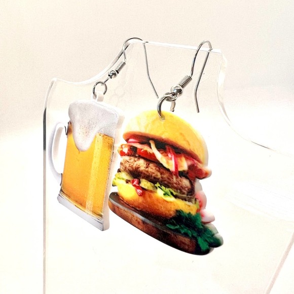 Burger & Beer Earrings - Mismatch Earrings - Pub Earrings - Party Earrings - Picture 5 of 8